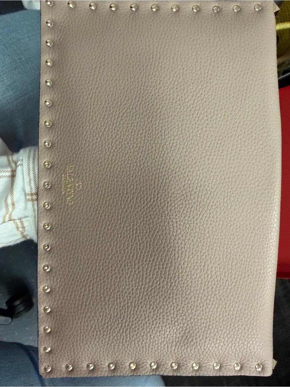 Valentino Garavani Pebbled Leather Clutch in Taupe with Gold Studs